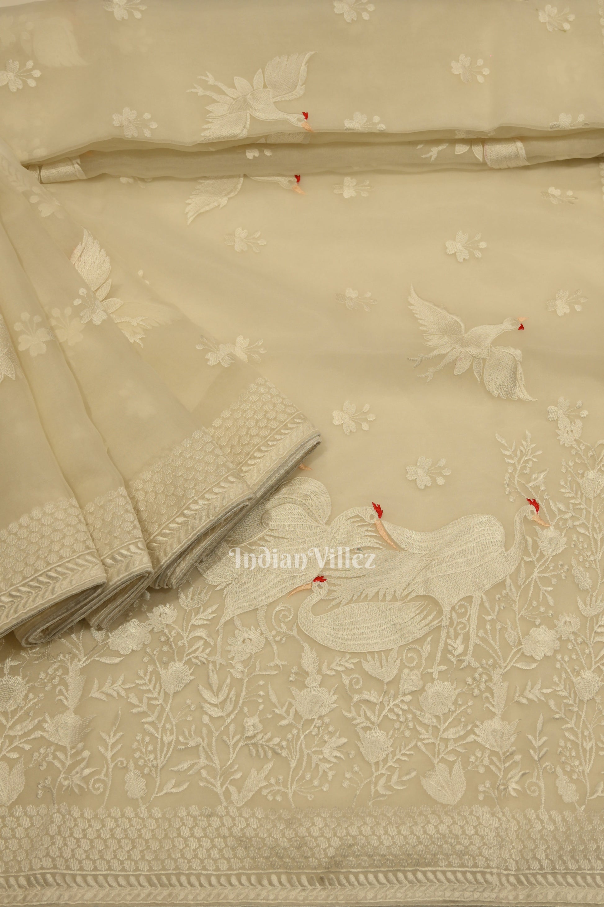 White Parsi Gara Floral Motif Hand Embroidered Saree