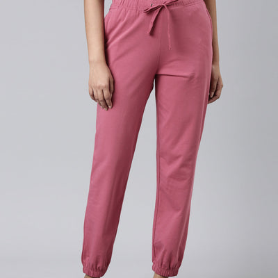 Women Solid Light Wine Mid Rise Cotton Casual Joggers