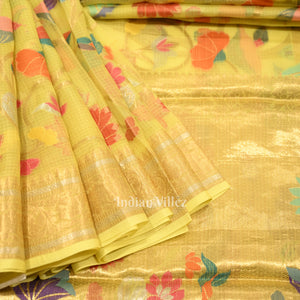 Light Yellow Pure Jamdani Banarasi Kota Saree