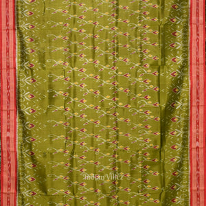 Mehendi Green Red Flower Motif Odisha Ikat Khandua Silk saree