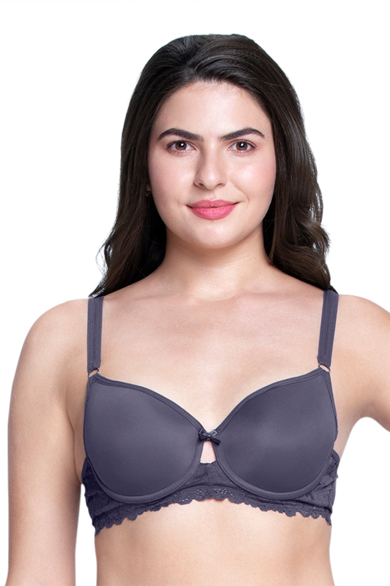Strappy Bliss Solid Padded wired Lace Bra - Graystone