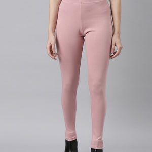 Women Solid Baby Pink Ribbed Warm Leggings
