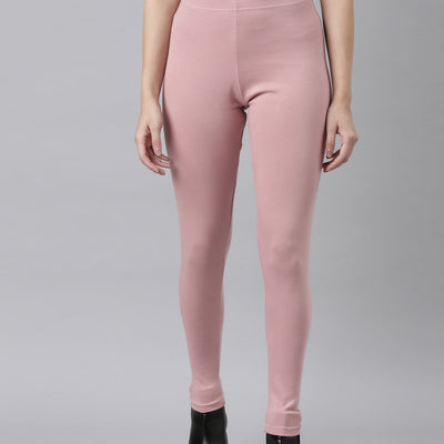 Women Solid Baby Pink Ribbed Warm Leggings