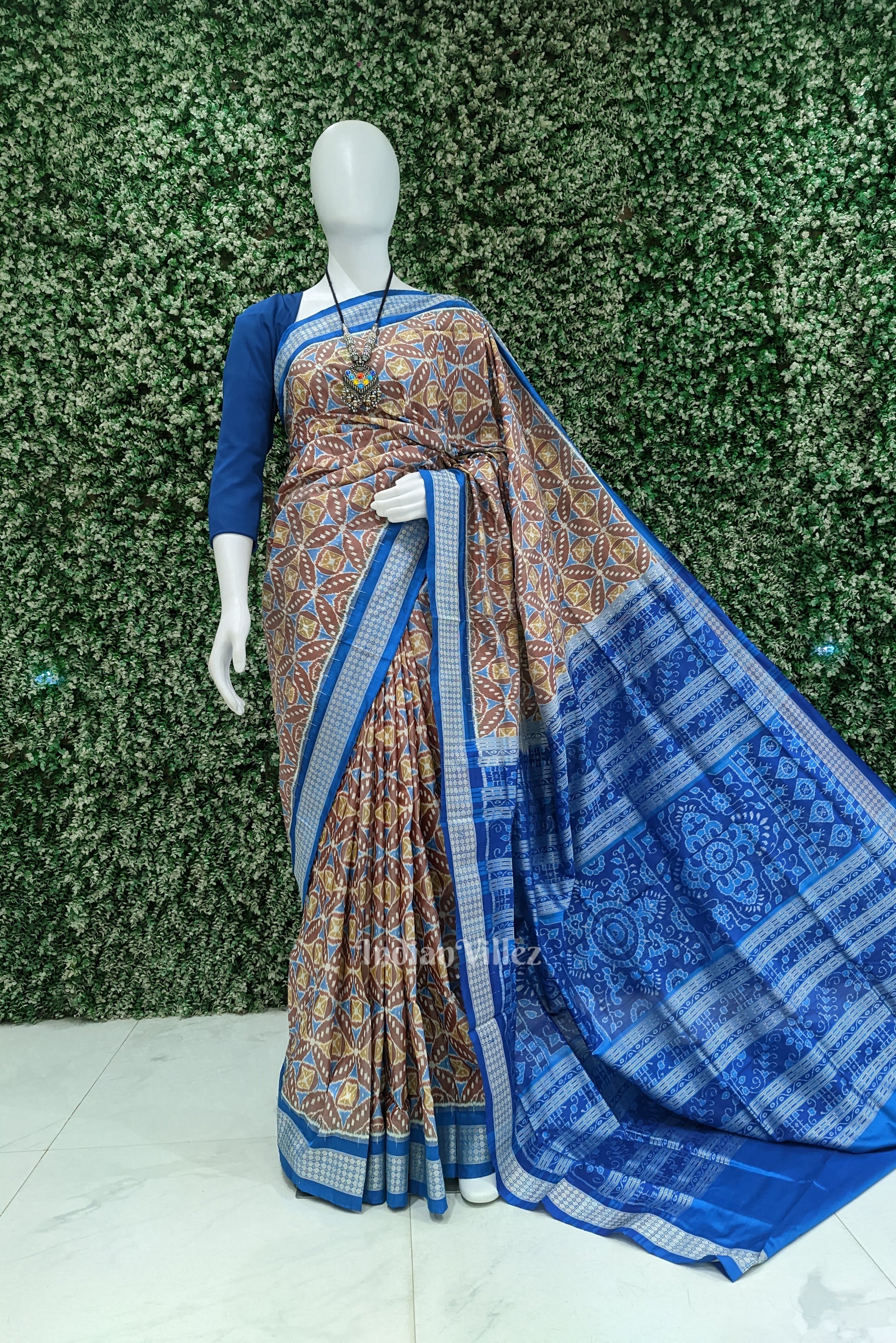 Caramel Brown Pure Sambalpuri Ikat Silk Pastel Saree