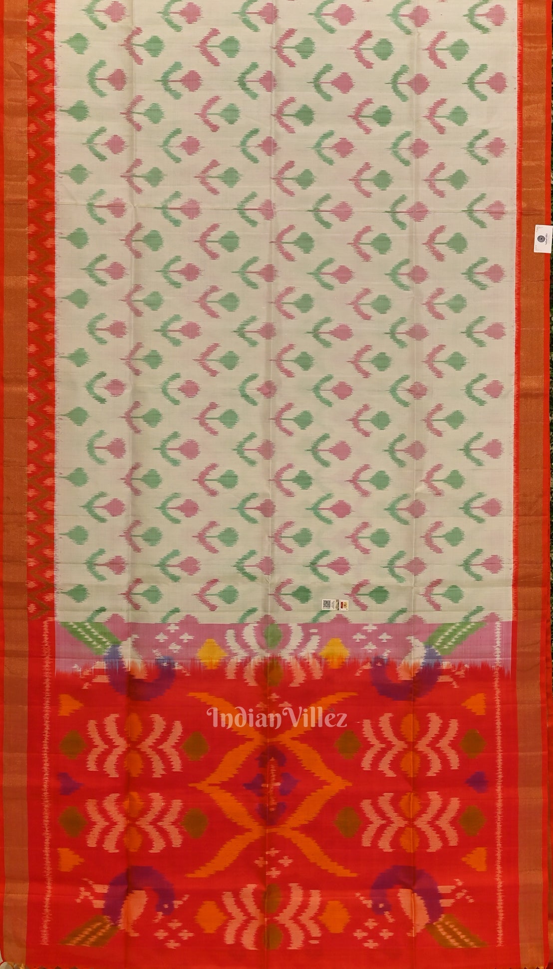 Exclusive White with Red Floral Theme Handloom Pochampally Ikat Saree