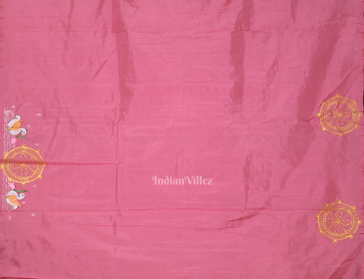 Baby Pink Konark Chakra & Dancer Theme Hand-Painted Pattachitra Saree
