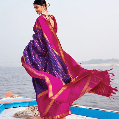 Purple Handloom Kanchipuram Silk Saree With Checks & Buttas