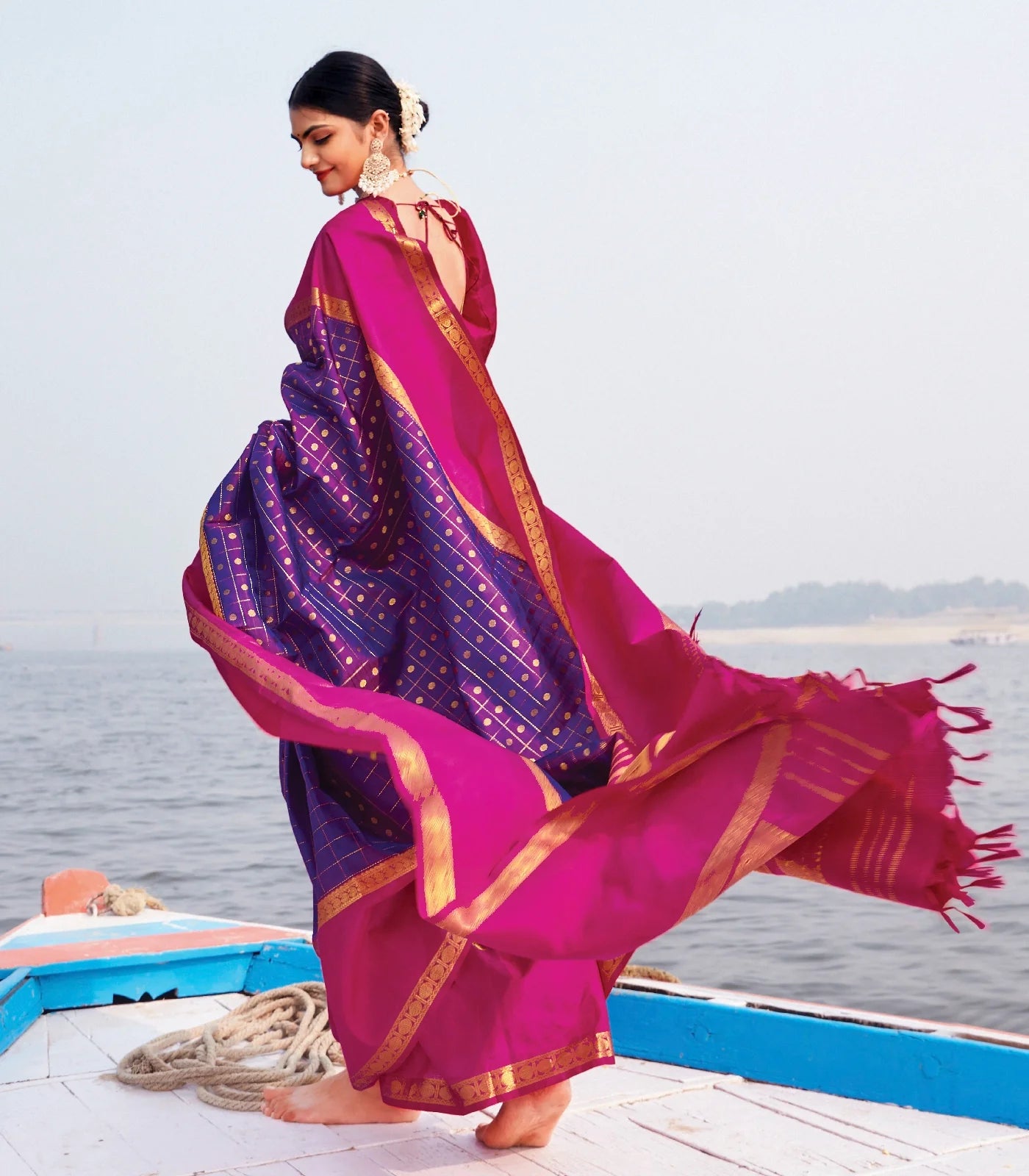 Purple Handloom Kanchipuram Silk Saree With Checks & Buttas