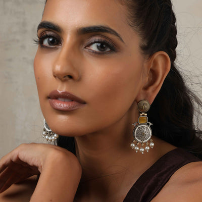 trueBrowns Silver Gold Tone Meenakari Pearl Drop Earrings