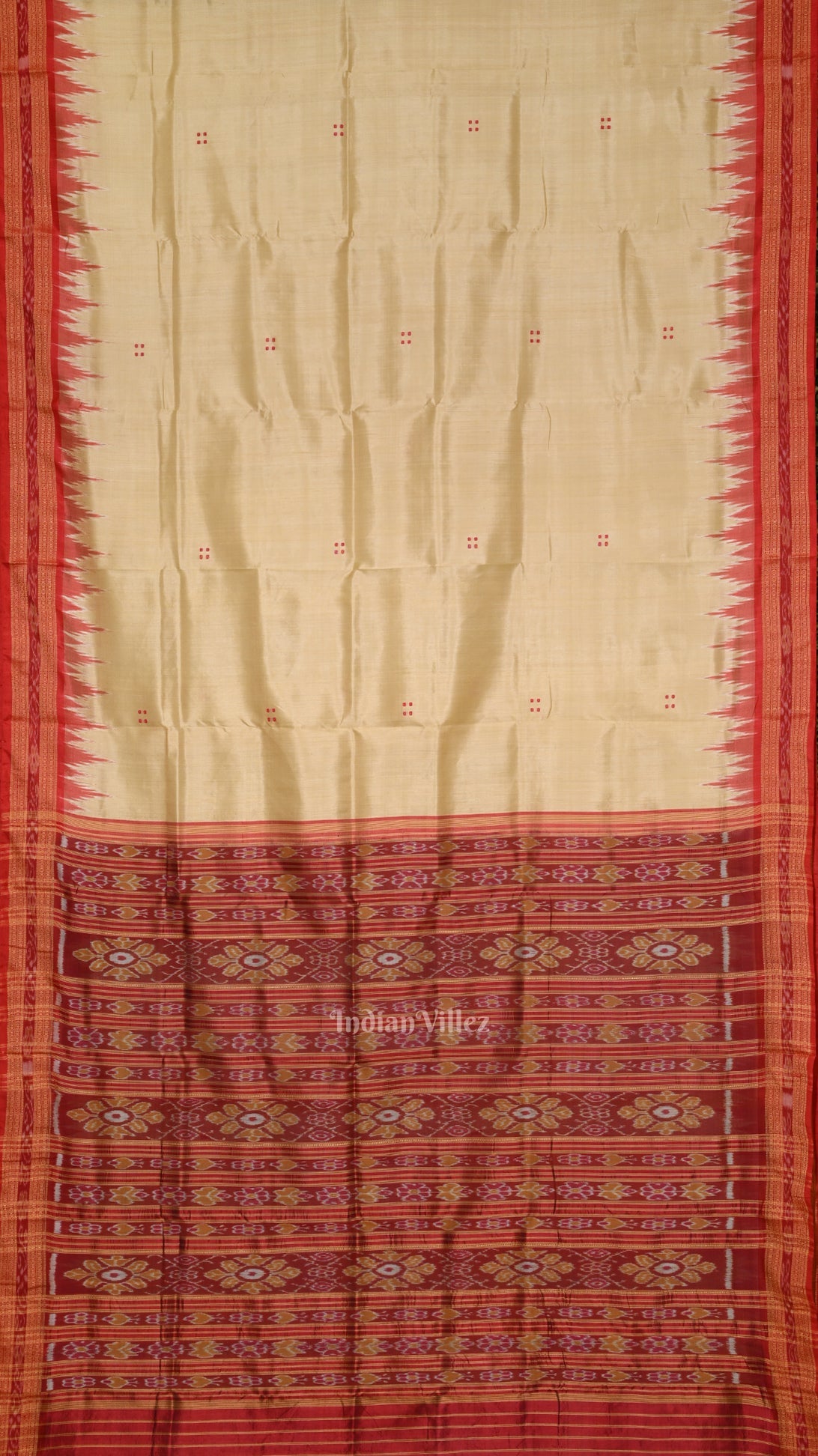 Beige Cream Red Buti Odisha Ikat Khandua Silk Saree