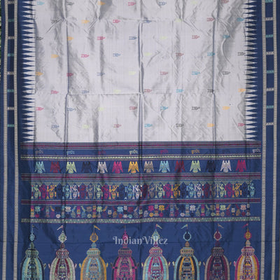 Silver Blue Shree Mandir Theme Bomkai Sambalpuri Ikat Silk Saree
