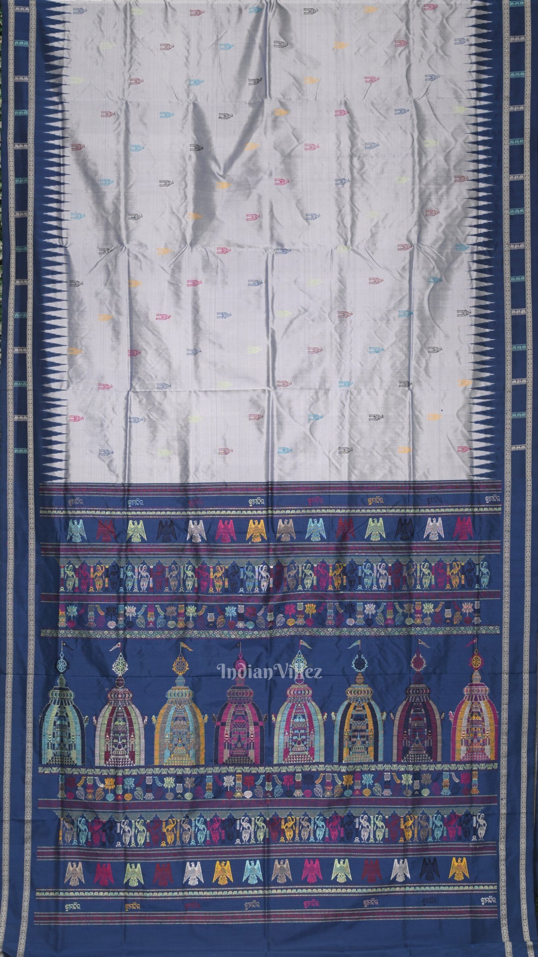 Silver Blue Shree Mandir Theme Bomkai Sambalpuri Ikat Silk Saree
