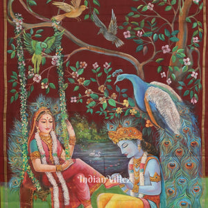Maroon Radha Krishna Hand-Painted Silk Saree