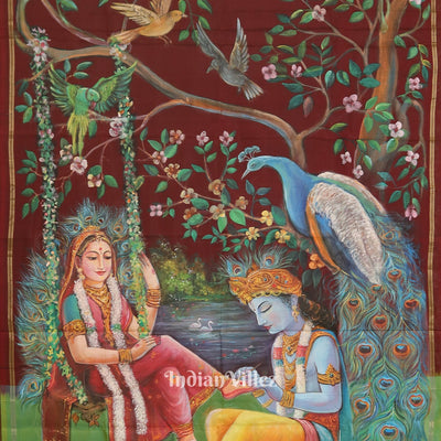 Maroon Radha Krishna Hand-Painted Silk Saree