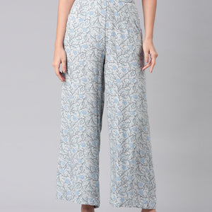 Women Blue Woven Viscose Mid Rise Printed Palazzo