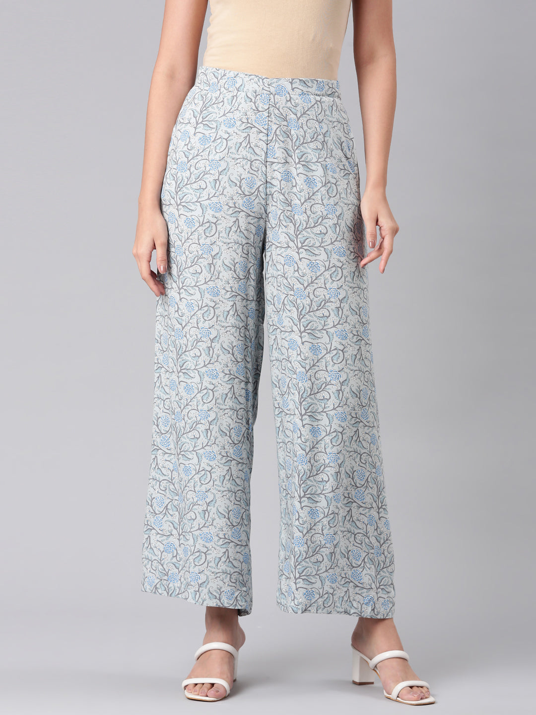 Women Blue Woven Viscose Mid Rise Printed Palazzo