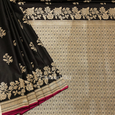 Deep Black Banarasi with Silver Satin Silk Saree