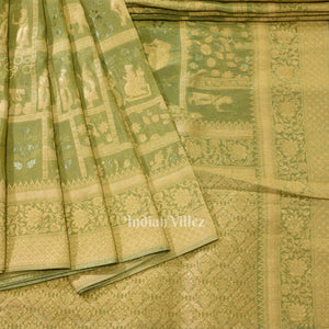 Parrot Green Shikargah Theme Banarasi Katan Tissue Saree