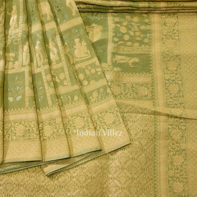 Parrot Green Shikargah Theme Banarasi Katan Tissue Saree