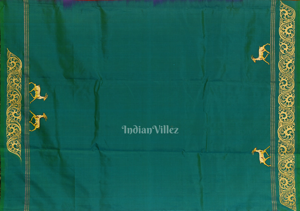 Red with Sea Green Ramayana Theme Hand-Painted Pattachitra Saree