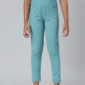 Girls Solid Dark Mint Mid Rise Rib Leggings