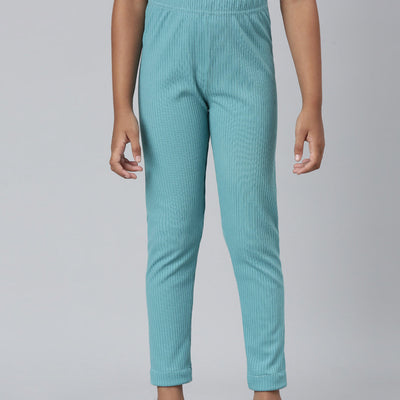 Girls Solid Dark Mint Mid Rise Rib Leggings