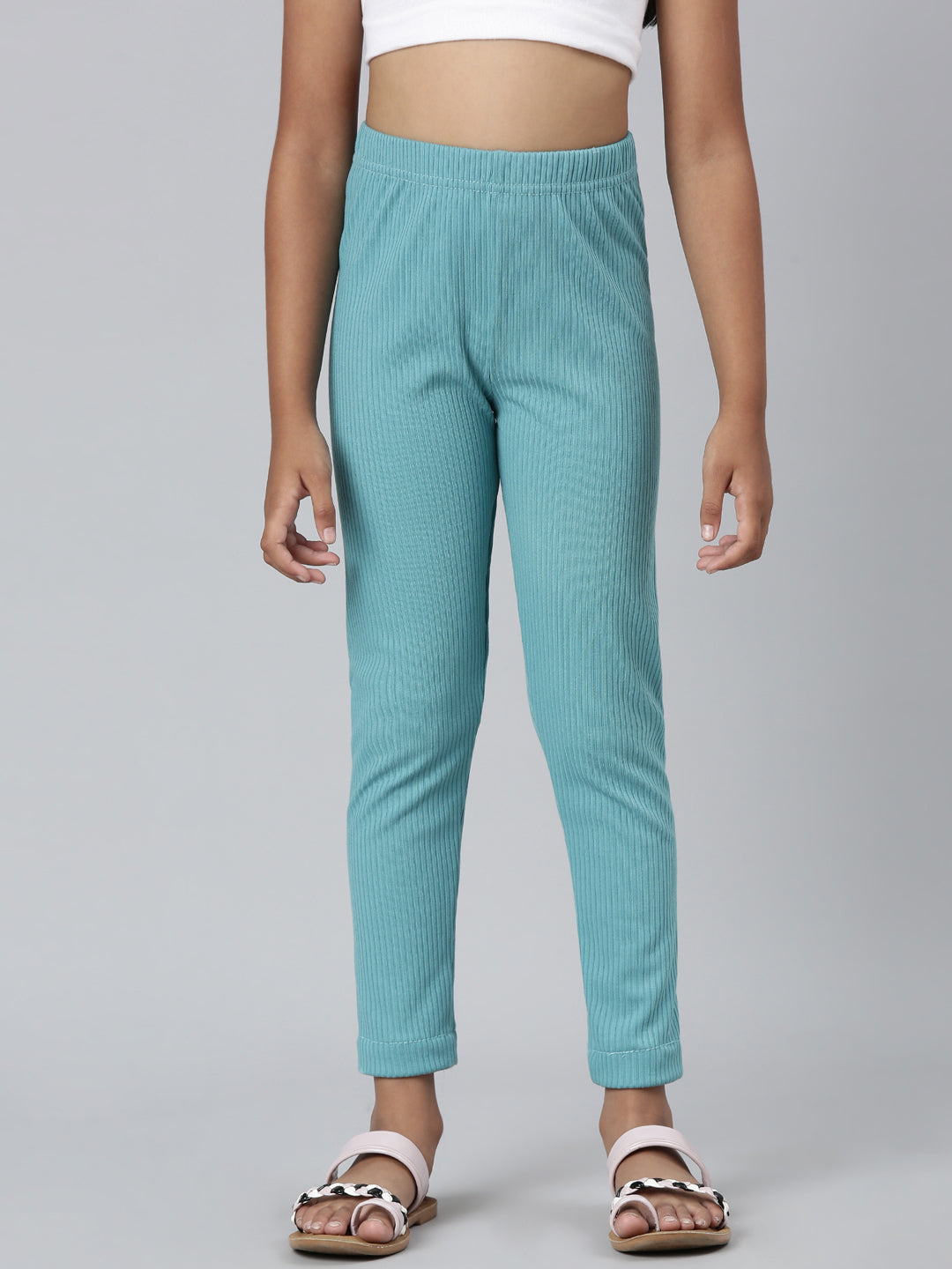 Girls Solid Dark Mint Mid Rise Rib Leggings