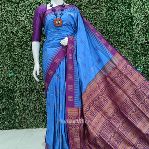Sky Blue With Maroon Tribal Design Bomkai Sambalpuri Silk Saree