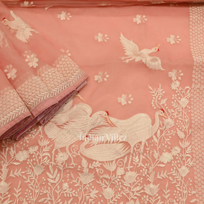 Baby Pink Parsi Gara Floral Motif Hand Embroidered Saree