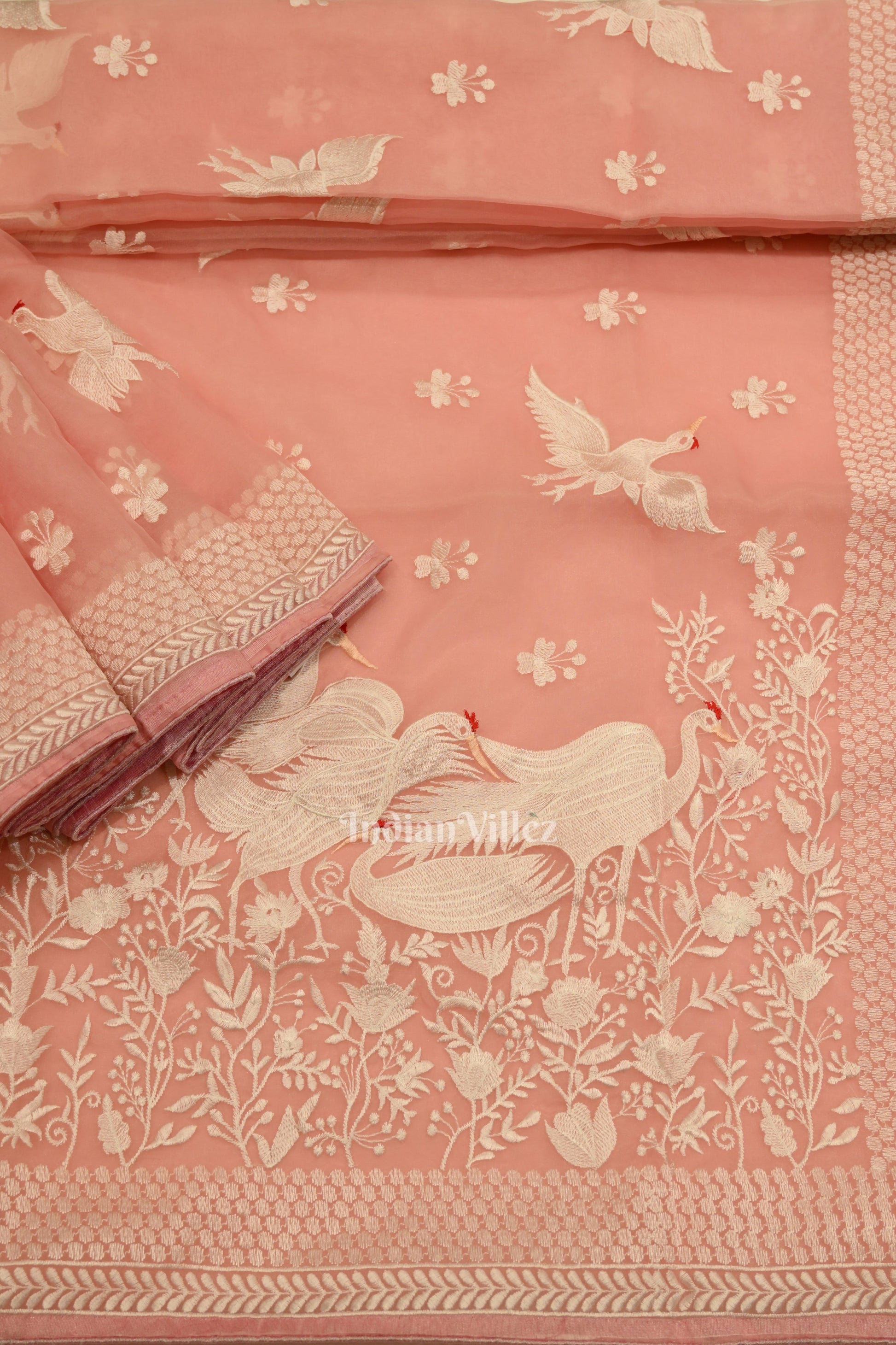 Baby Pink Parsi Gara Floral Motif Hand Embroidered Saree