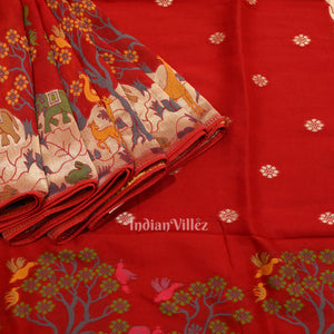 Deep Red Shikargah Theme Tussar Banarasi Handloom Silk Saree