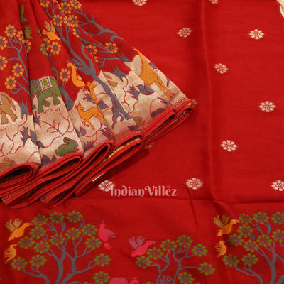 Deep Red Shikargah Theme Tussar Banarasi Handloom Silk Saree