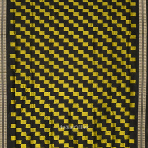 Black with Yellow Box Pattern Sambalpuri Pure Ikat Silk Saree