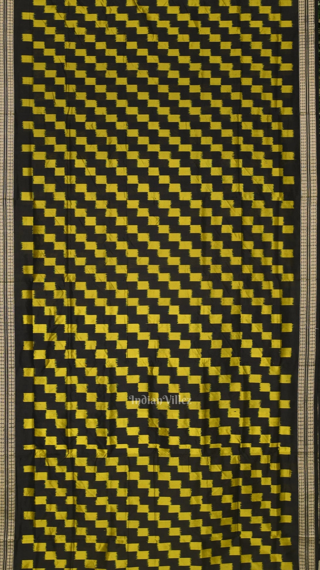 Black with Yellow Box Pattern Sambalpuri Pure Ikat Silk Saree