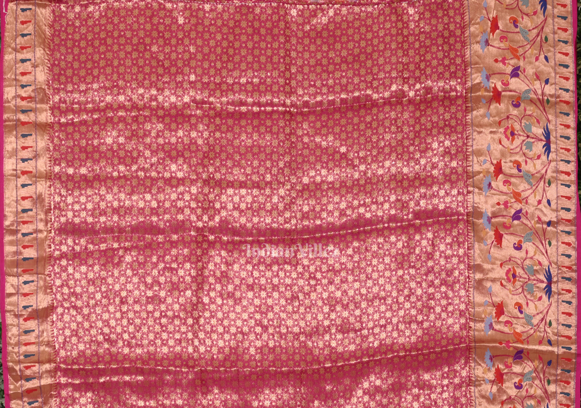 Dark Orange Pink Bandhini  Banarasi Kota Silk Saree with Paithani Border