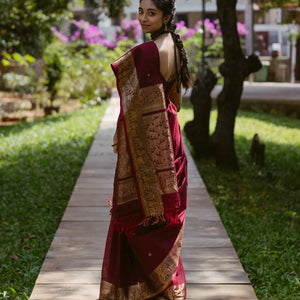 Crimson Handloom Kanchi Cotton Saree With Elephants, House and Lady Motifs in Border