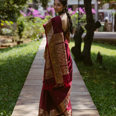 Crimson Handloom Kanchi Cotton Saree With Elephants, House and Lady Motifs in Border