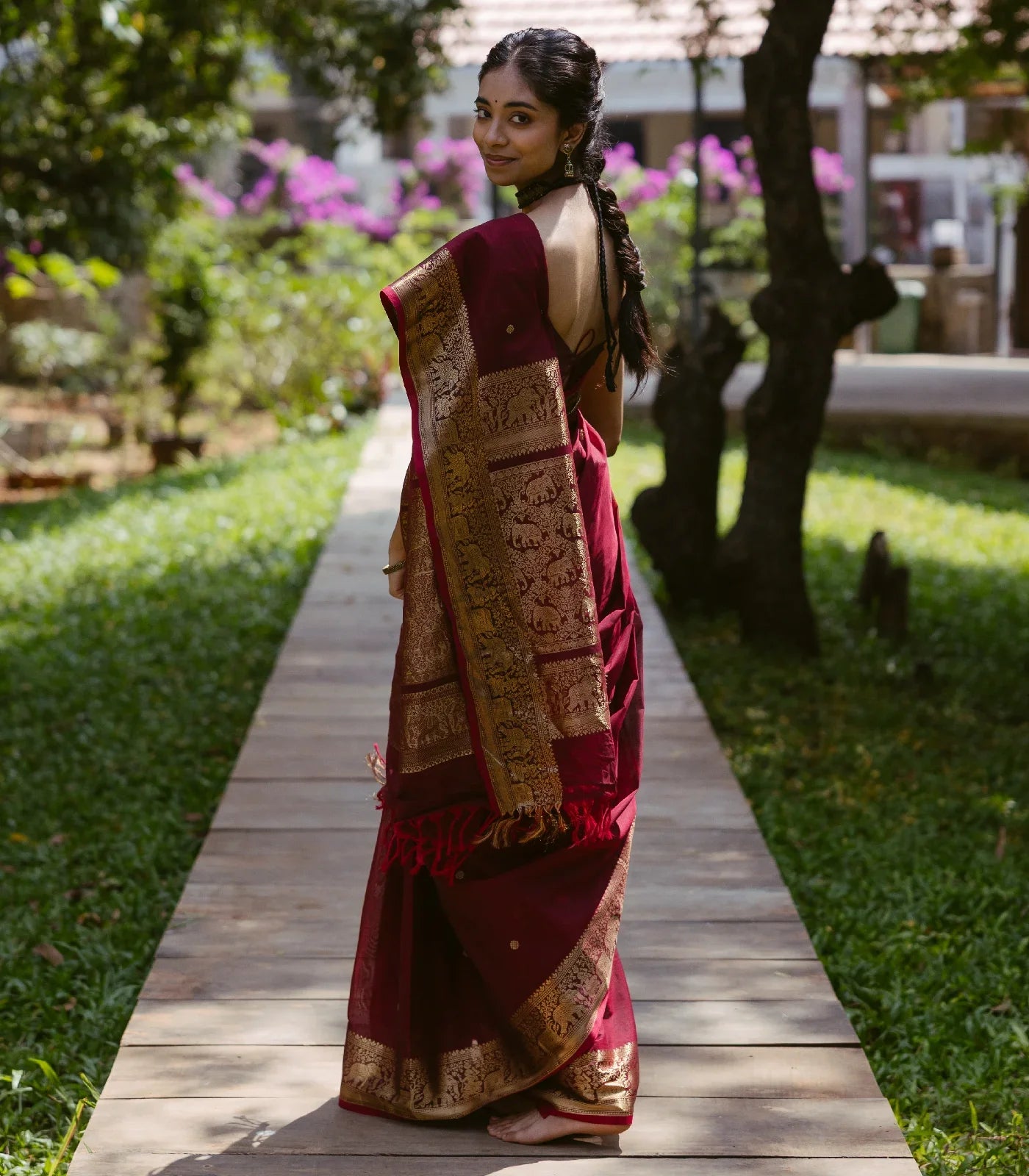 Crimson Handloom Kanchi Cotton Saree With Elephants, House and Lady Motifs in Border