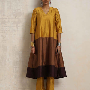 trueBrowns Gold Brown Silk A-line Kurta Set
