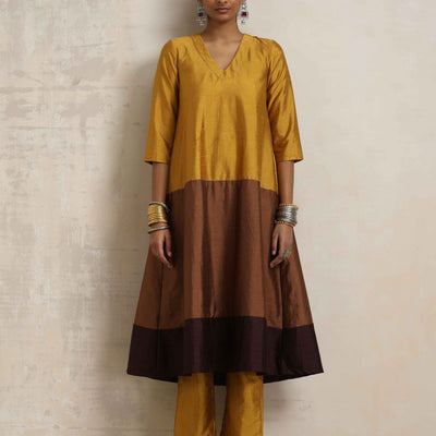 trueBrowns Gold Brown Silk A-line Kurta Set