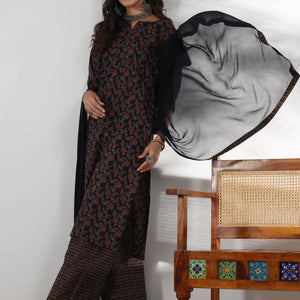 Black Printed Cotton Straight Suit With Dupatta