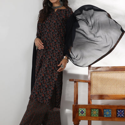Black Printed Cotton Straight Suit With Dupatta