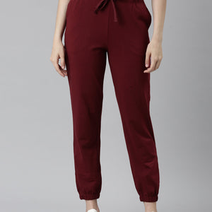 Women Solid Maroon Mid Rise Casual Joggers