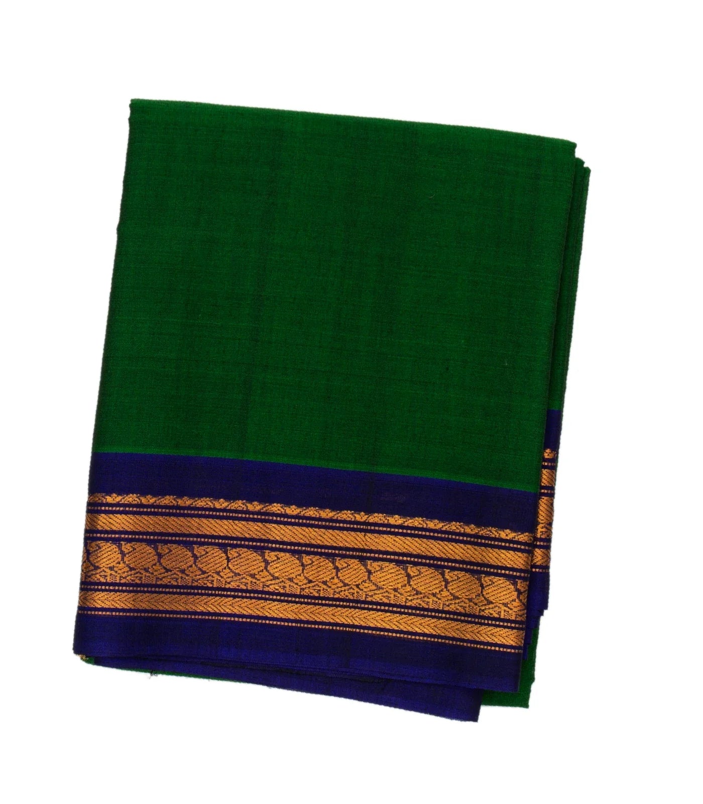 Dark Green Handloom Gadwal Cotton Saree With Contrast Purple Border