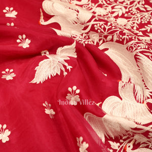 Vivid Pink Parsi Gara Floral Motif Hand Embroidered Saree