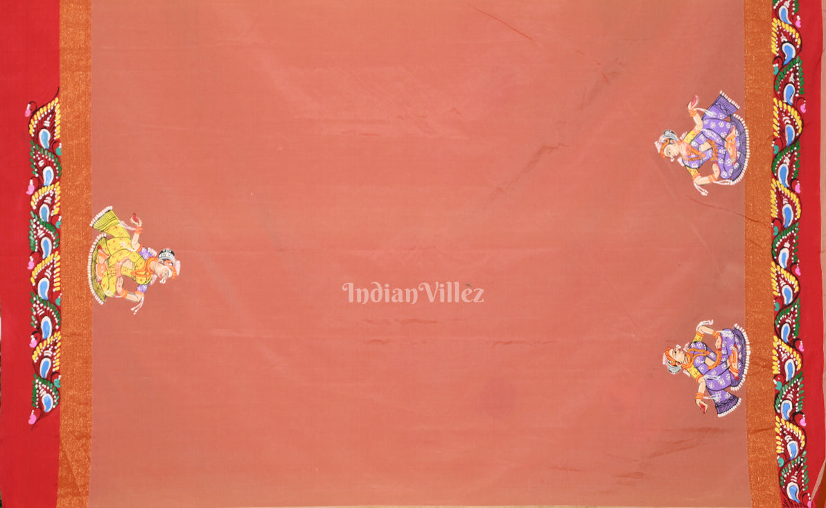 Lemon Yellow Red Radha Krishna Raasleela Hand-Painted Pattachitra Saree