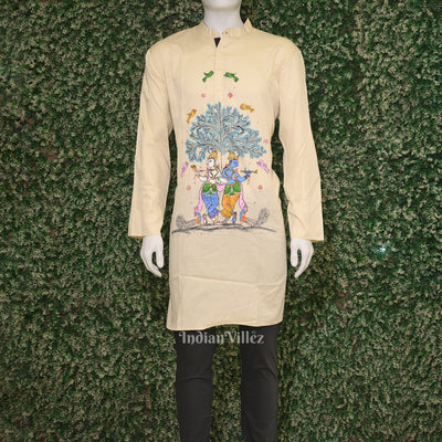 White Radha Krishna Raasleela Theme Hand-Painted Pattachitra Kurta