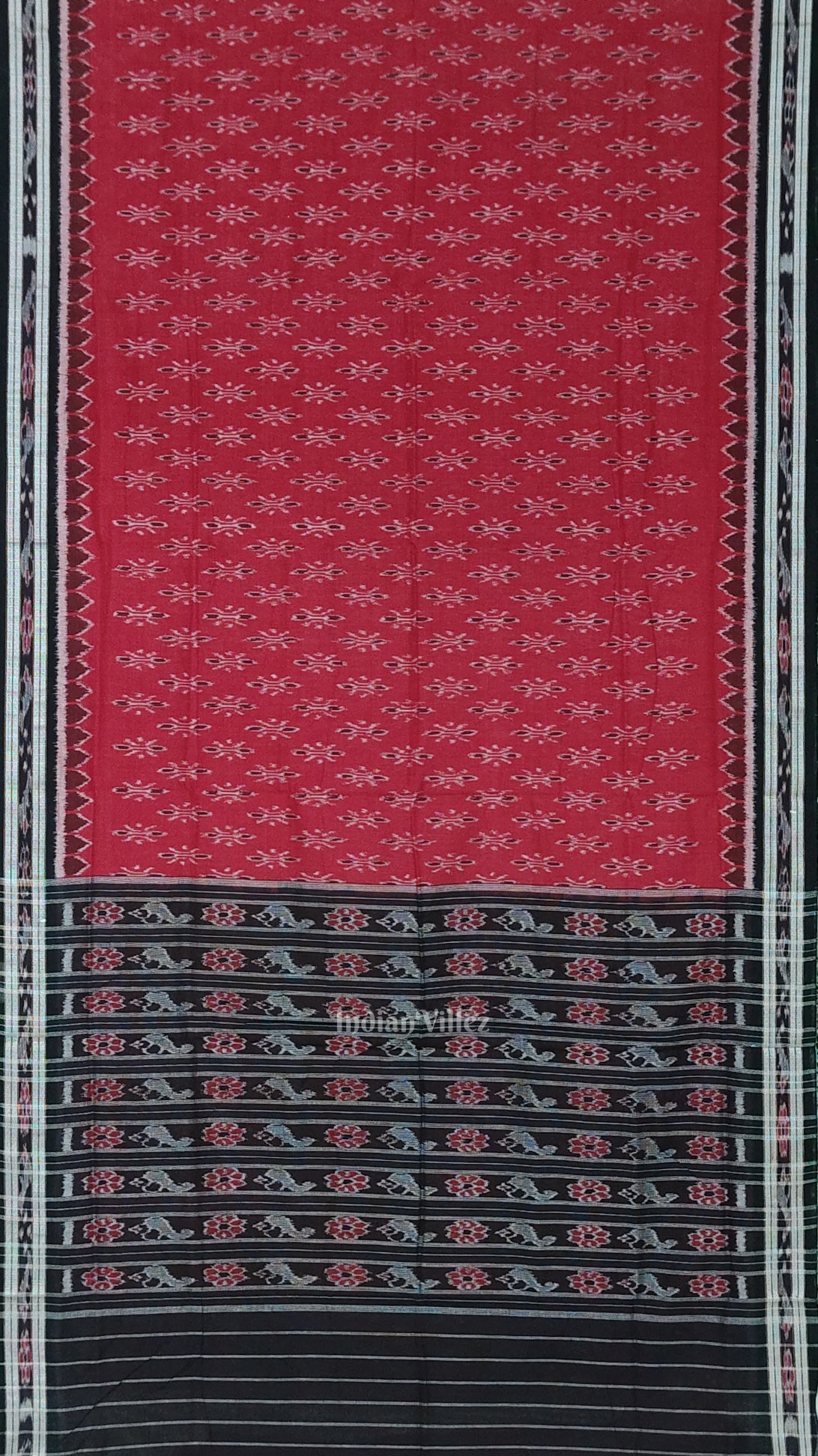 Red Black Mayur Chandrika Maniabandha Cotton Saree