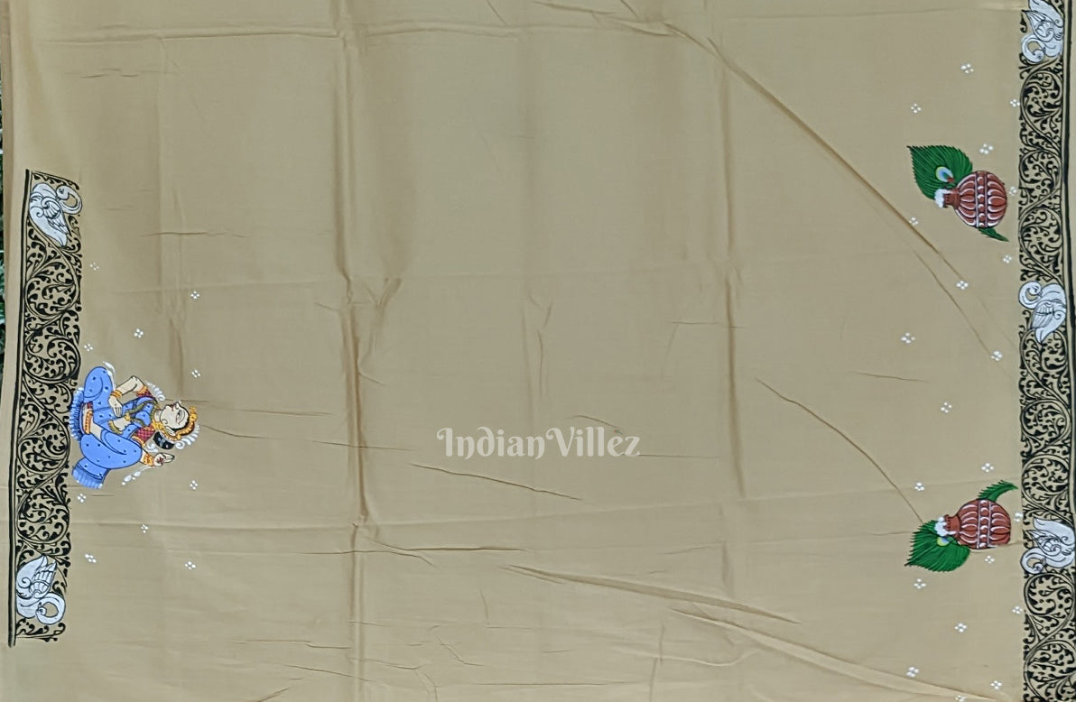 Honey Gold Krishna Rasleela Hand-Painted Pattachitra Saree