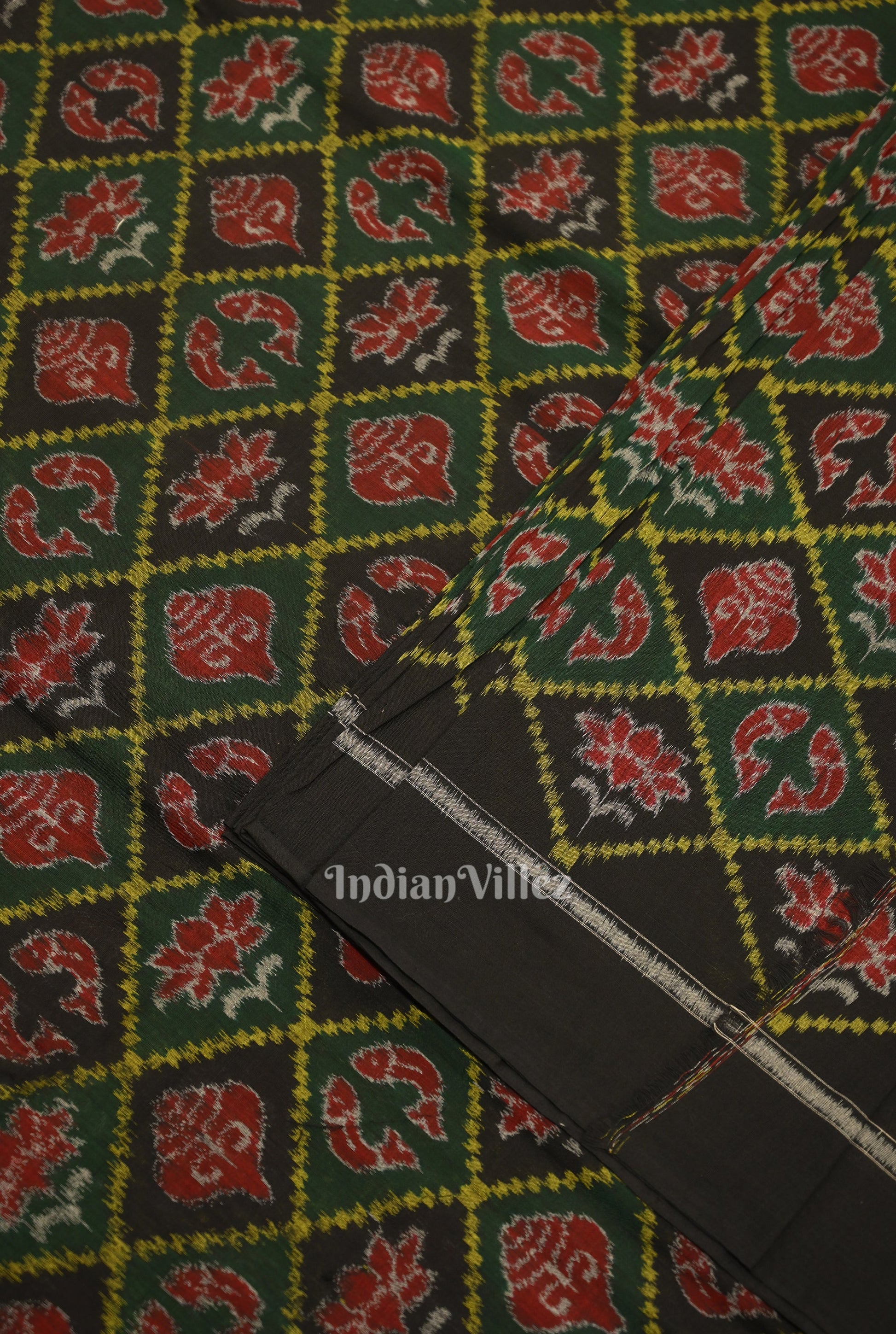 Green Black Diagonally Nabakothi Sambalpuri Ikat Cotton Fabric